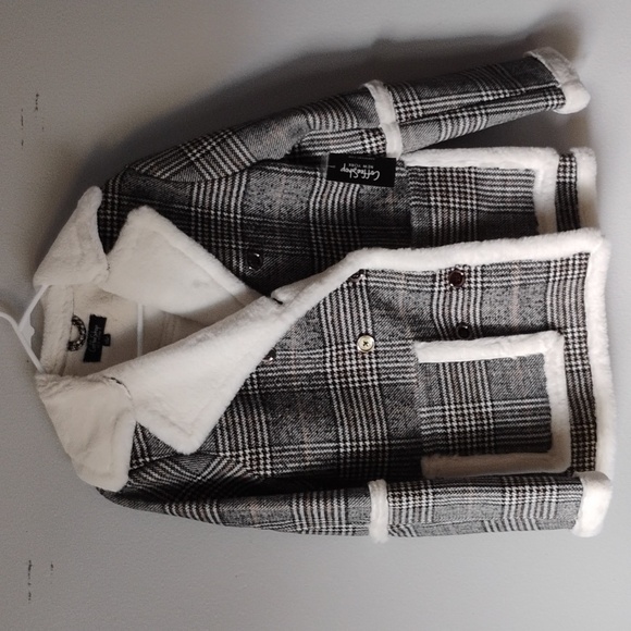Coffeeshop Plaid Tweed Peacoat Faux Fur‎ Academia City Girl Preppy Women L NEW